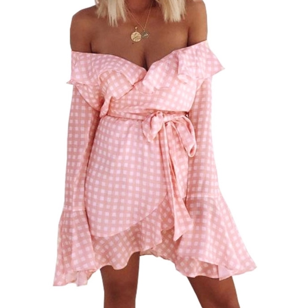 NEW 🌸 Pink off the shoulder gingham dress - Picture 3 of 4